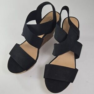 American Eagle Womens Black Wedge Sandals Elastic Straps Cork Heel Size 7.5
